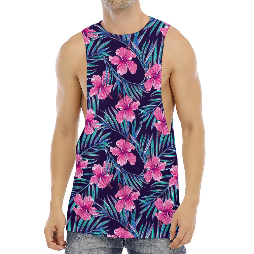 Teal Tropical Hibiscus Pattern Print Men's Muscle Tank Top