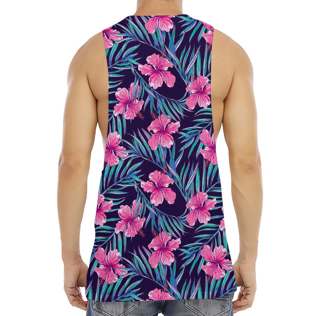 Teal Tropical Hibiscus Pattern Print Men's Muscle Tank Top