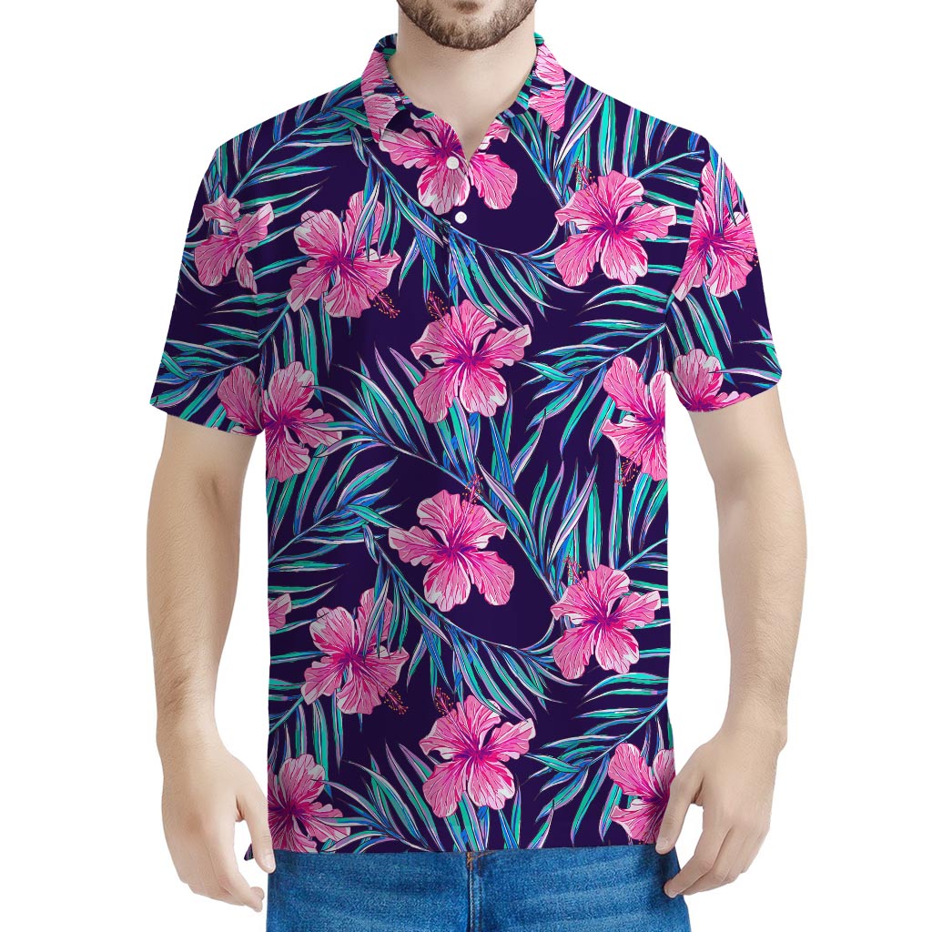 Teal Tropical Hibiscus Pattern Print Men's Polo Shirt
