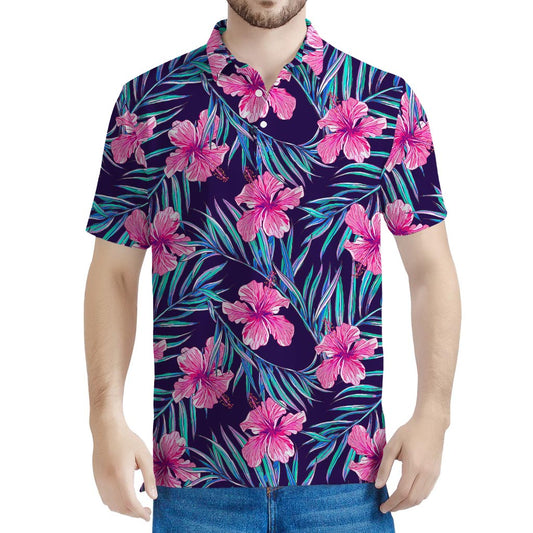 Teal Tropical Hibiscus Pattern Print Men's Polo Shirt