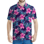 Teal Tropical Hibiscus Pattern Print Men's Polo Shirt
