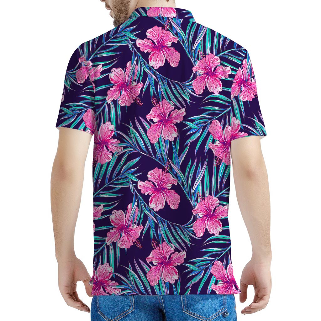 Teal Tropical Hibiscus Pattern Print Men's Polo Shirt
