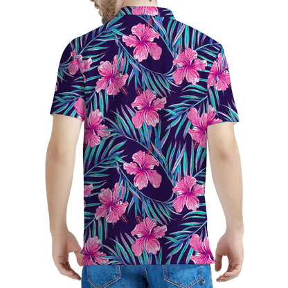 Teal Tropical Hibiscus Pattern Print Men's Polo Shirt