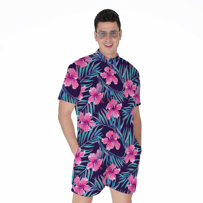 Teal Tropical Hibiscus Pattern Print Men's Rompers