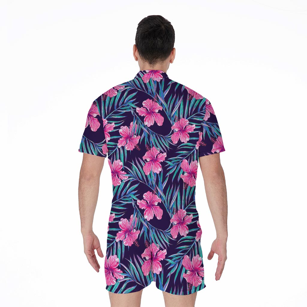Teal Tropical Hibiscus Pattern Print Men's Rompers