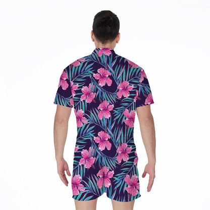 Teal Tropical Hibiscus Pattern Print Men's Rompers