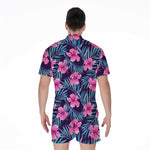 Teal Tropical Hibiscus Pattern Print Men's Rompers
