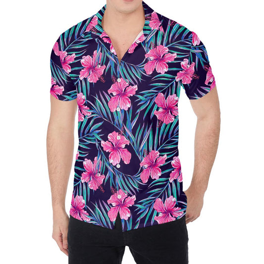 Teal Tropical Hibiscus Pattern Print Men's Shirt