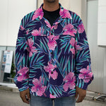 Teal Tropical Hibiscus Pattern Print Men's Shirt Jacket