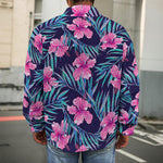Teal Tropical Hibiscus Pattern Print Men's Shirt Jacket