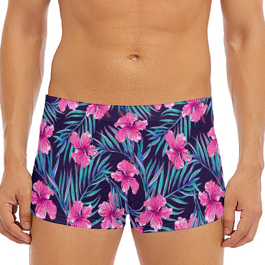 Teal Tropical Hibiscus Pattern Print Men's Short Boxer Briefs