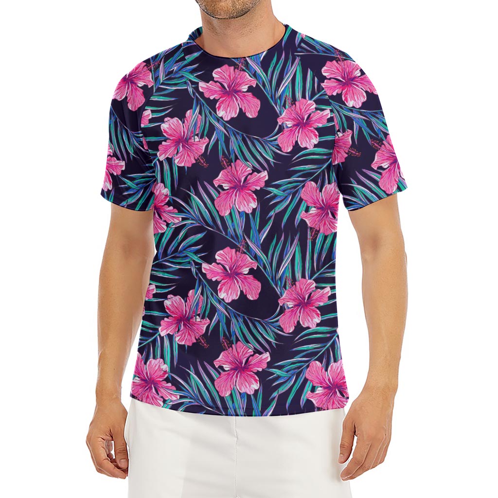 Teal Tropical Hibiscus Pattern Print Men's Short Sleeve Rash Guard