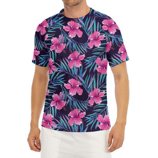 Teal Tropical Hibiscus Pattern Print Men's Short Sleeve Rash Guard