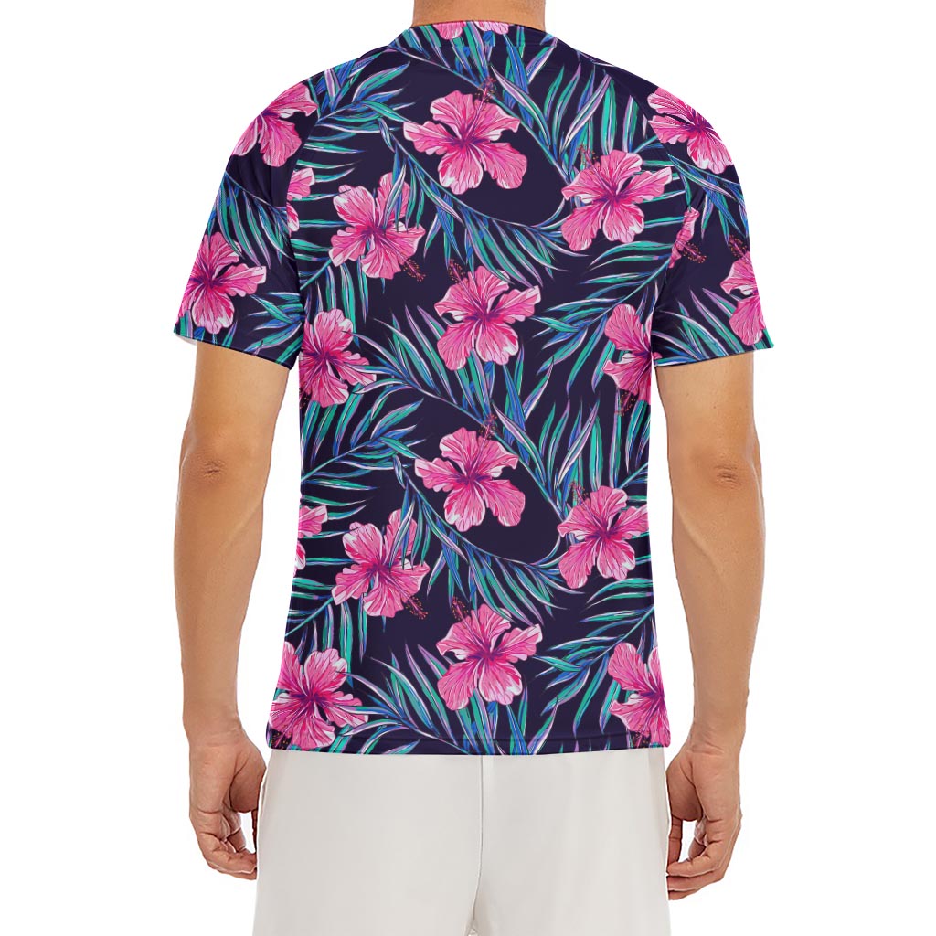 Teal Tropical Hibiscus Pattern Print Men's Short Sleeve Rash Guard