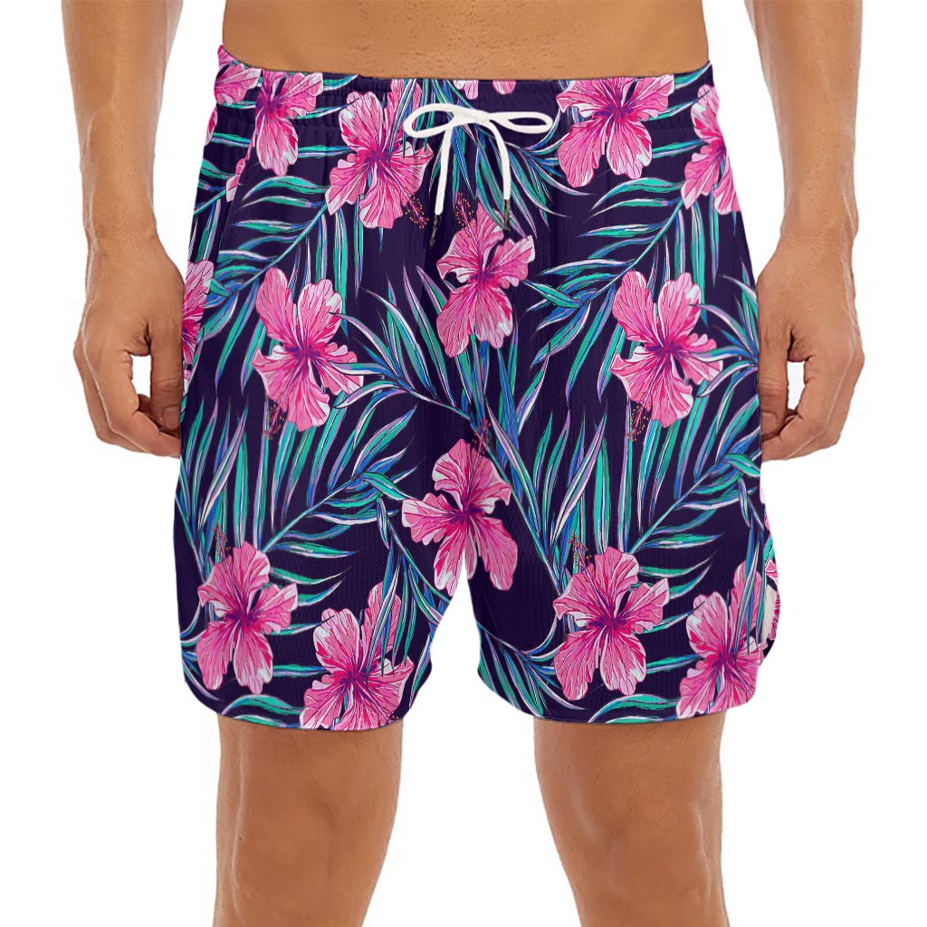 Teal Tropical Hibiscus Pattern Print Men's Split Running Shorts