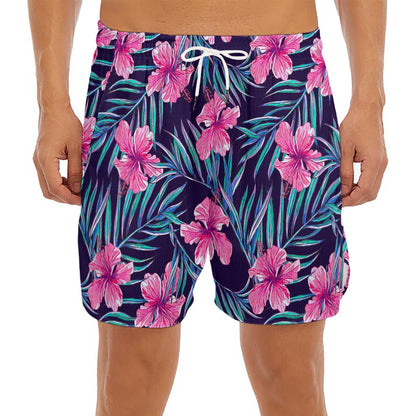 Teal Tropical Hibiscus Pattern Print Men's Split Running Shorts