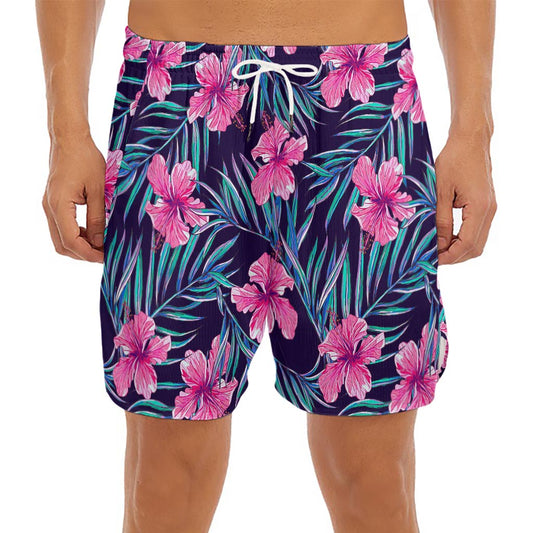 Teal Tropical Hibiscus Pattern Print Men's Split Running Shorts