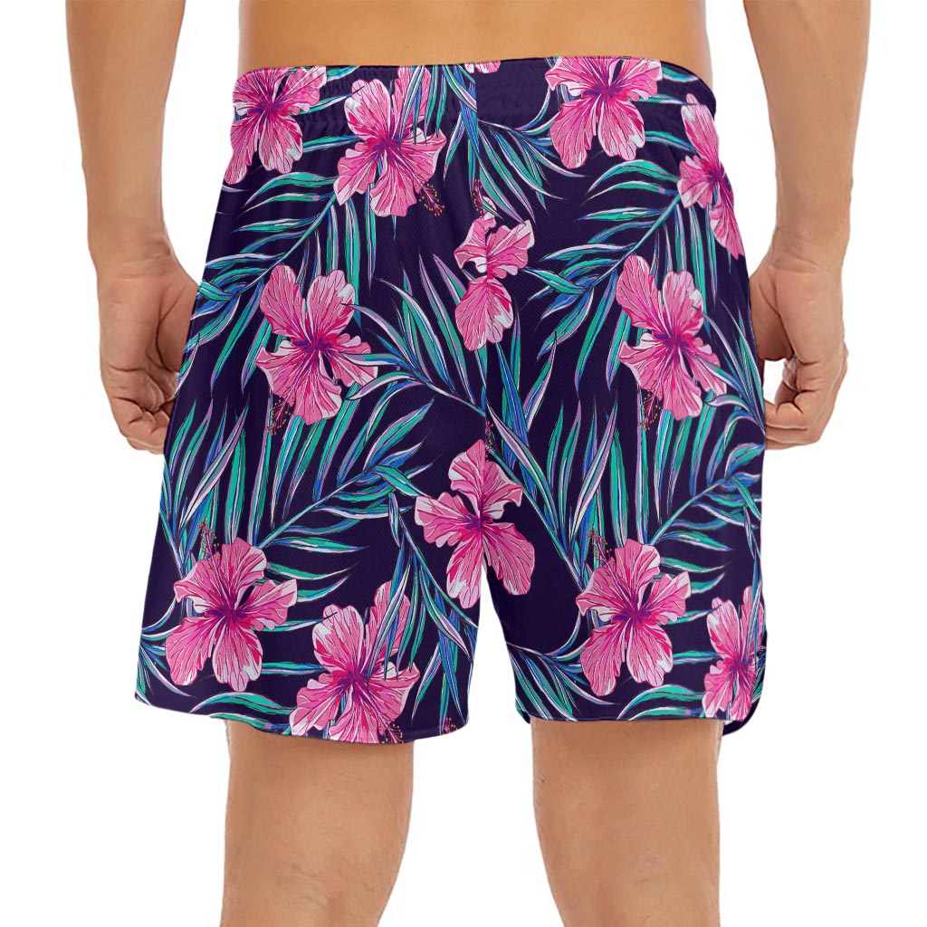 Teal Tropical Hibiscus Pattern Print Men's Split Running Shorts