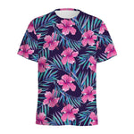 Teal Tropical Hibiscus Pattern Print Men's Sports T-Shirt