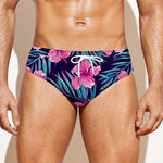 Teal Tropical Hibiscus Pattern Print Men's Swim Briefs