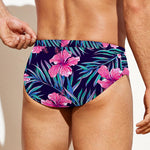 Teal Tropical Hibiscus Pattern Print Men's Swim Briefs