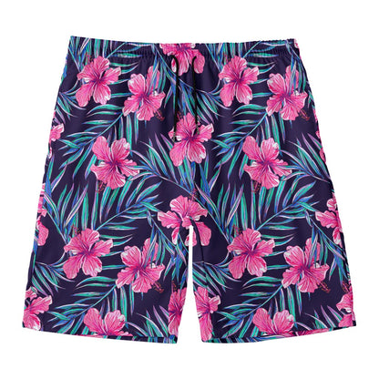 Teal Tropical Hibiscus Pattern Print Men's Swim Trunks