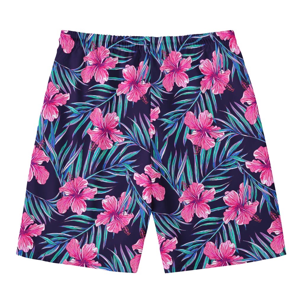 Teal Tropical Hibiscus Pattern Print Men's Swim Trunks