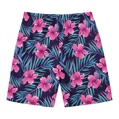 Teal Tropical Hibiscus Pattern Print Men's Swim Trunks