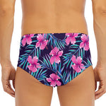 Teal Tropical Hibiscus Pattern Print Men's Triangle Swim Briefs