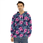 Teal Tropical Hibiscus Pattern Print Men's Velvet Pullover Hoodie
