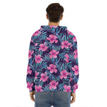 Teal Tropical Hibiscus Pattern Print Men's Velvet Pullover Hoodie