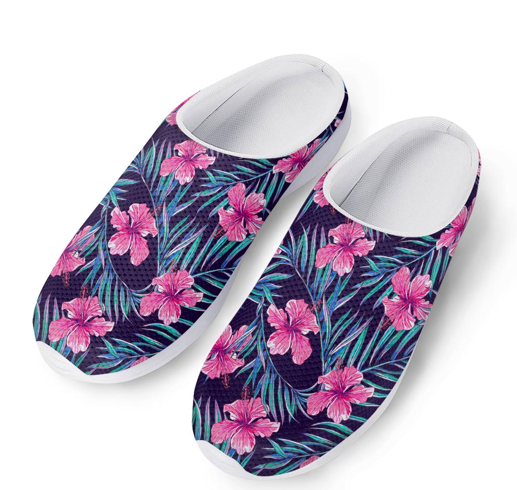Teal Tropical Hibiscus Pattern Print Mesh Casual Shoes