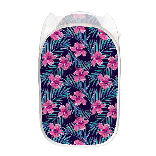 Teal Tropical Hibiscus Pattern Print Mesh Laundry Hamper