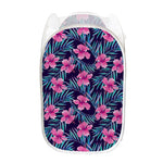 Teal Tropical Hibiscus Pattern Print Mesh Laundry Hamper
