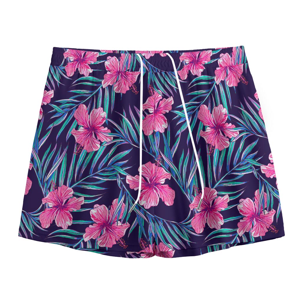 Teal Tropical Hibiscus Pattern Print Mesh Shorts