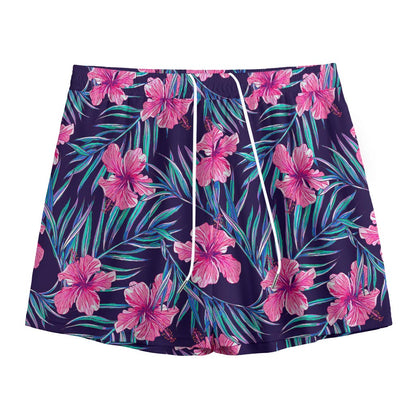 Teal Tropical Hibiscus Pattern Print Mesh Shorts