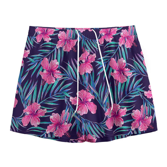 Teal Tropical Hibiscus Pattern Print Mesh Shorts
