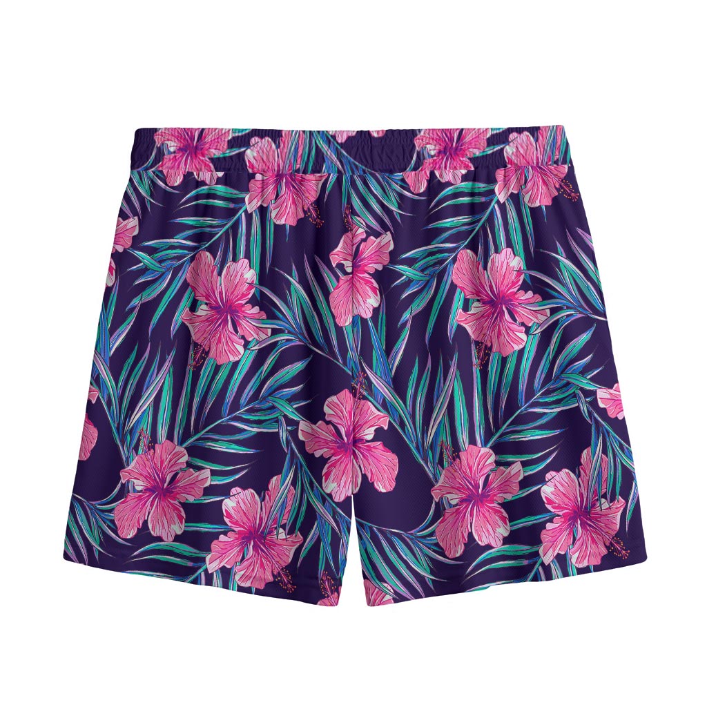 Teal Tropical Hibiscus Pattern Print Mesh Shorts