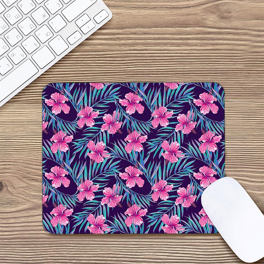 Teal Tropical Hibiscus Pattern Print Mouse Pad