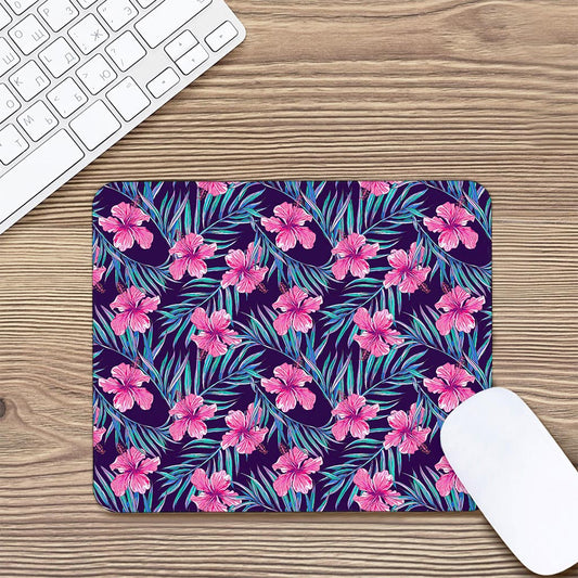 Teal Tropical Hibiscus Pattern Print Mouse Pad