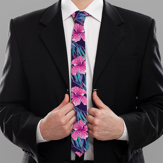 Teal Tropical Hibiscus Pattern Print Necktie