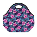 Teal Tropical Hibiscus Pattern Print Neoprene Lunch Bag