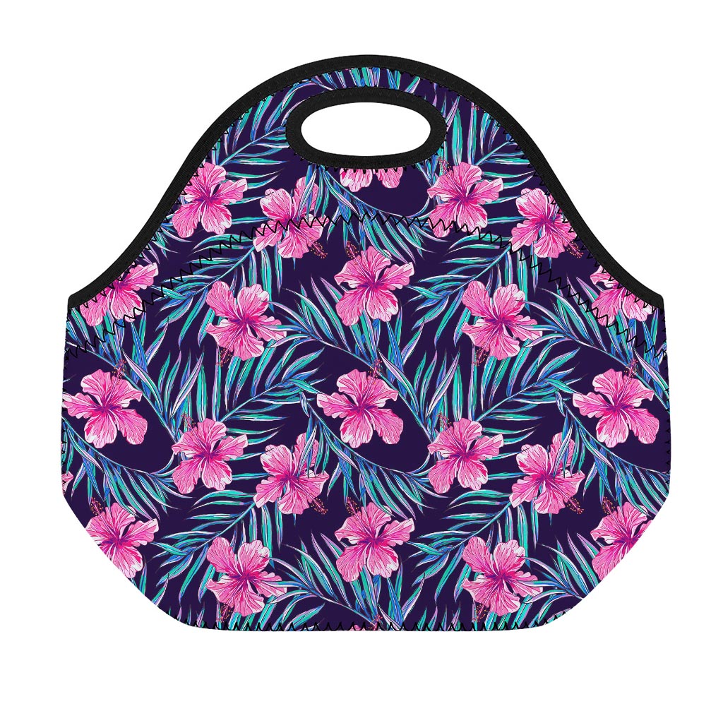 Teal Tropical Hibiscus Pattern Print Neoprene Lunch Bag
