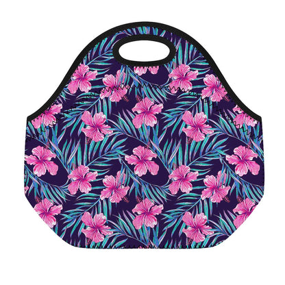 Teal Tropical Hibiscus Pattern Print Neoprene Lunch Bag