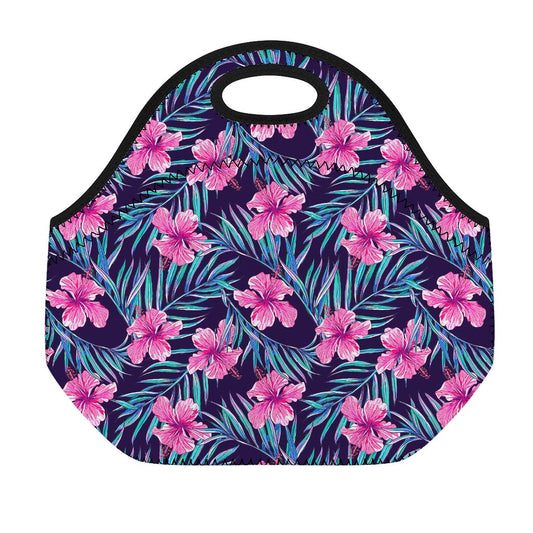 Teal Tropical Hibiscus Pattern Print Neoprene Lunch Bag