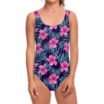 Teal Tropical Hibiscus Pattern Print One Piece Swimsuit