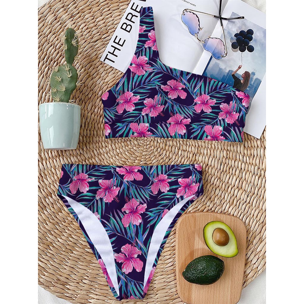 Teal Tropical Hibiscus Pattern Print One Shoulder Bikini Top