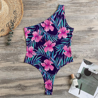 Teal Tropical Hibiscus Pattern Print One Shoulder Bodysuit