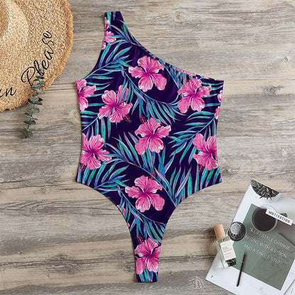 Teal Tropical Hibiscus Pattern Print One Shoulder Bodysuit