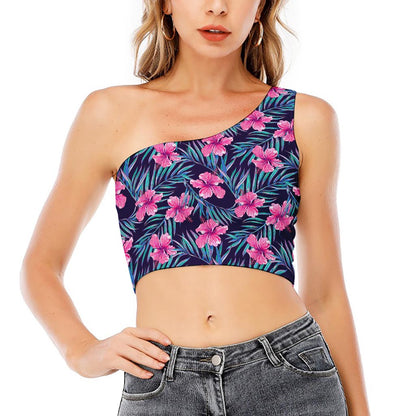 Teal Tropical Hibiscus Pattern Print One Shoulder Crop Top